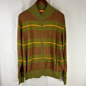 Enjoi Full Zip Sweater Mens Large Brown Green Striped Skate Mock Neck Cardigan